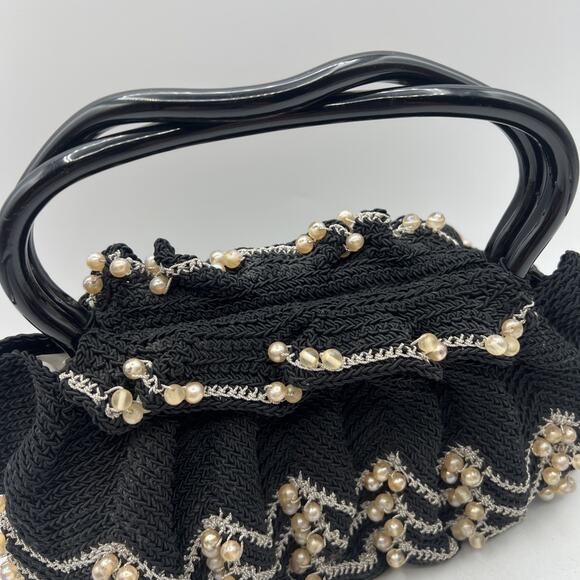 Vintage Hand Crocheted Beaded Purse 9" Lucite Handle Black Silver Hard Bottom - Picture 2 of 8